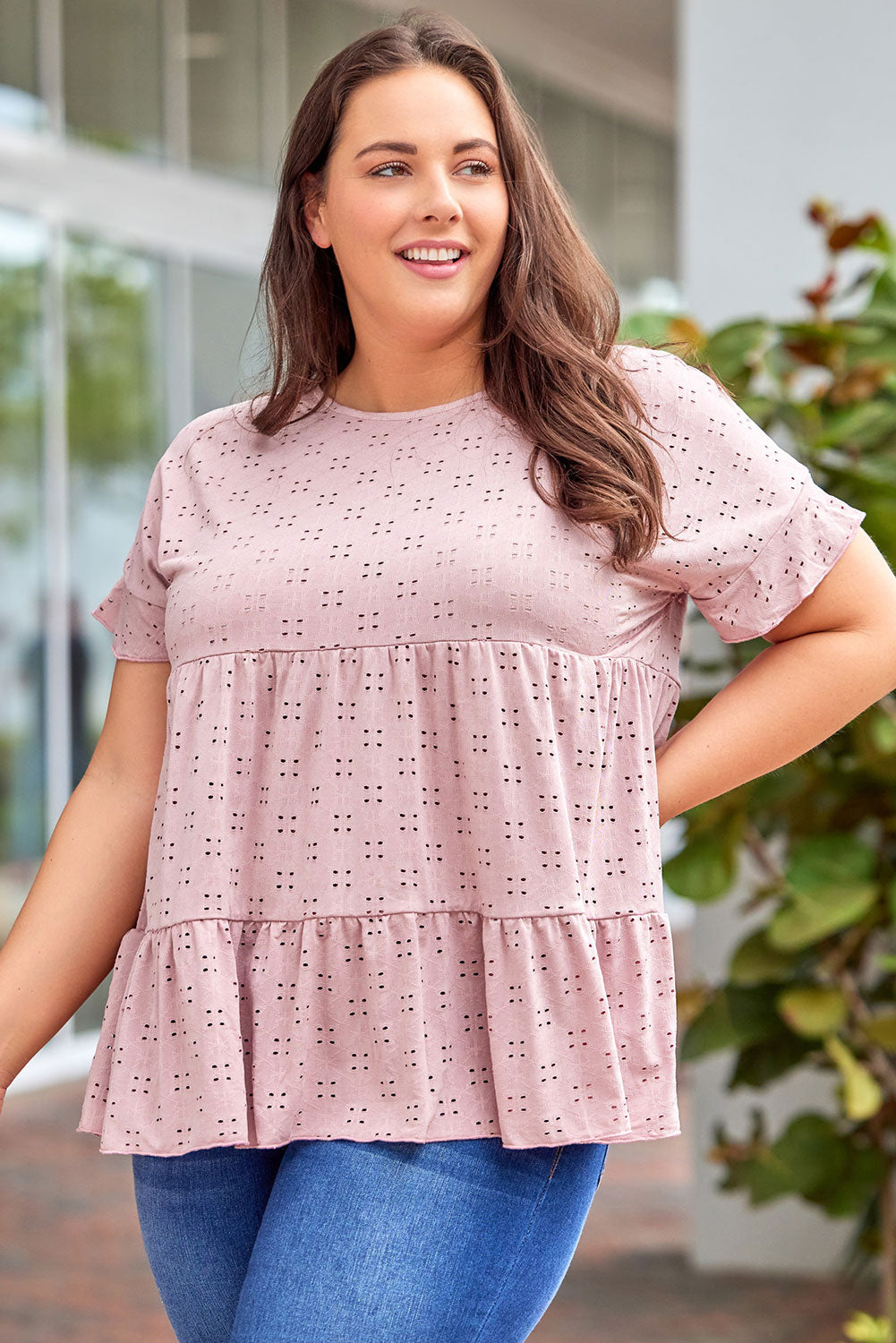 Plus Size Eyelet Round Neck Short Sleeve Blouse - Babbazon Camisole