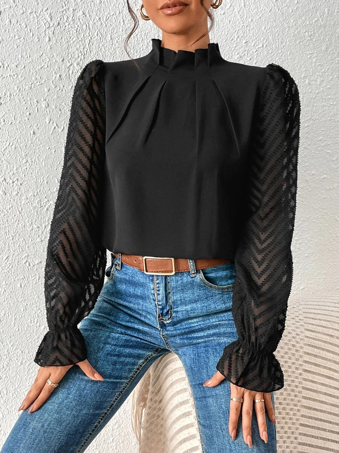 Mock Neck Flounce Sleeve Blouse 