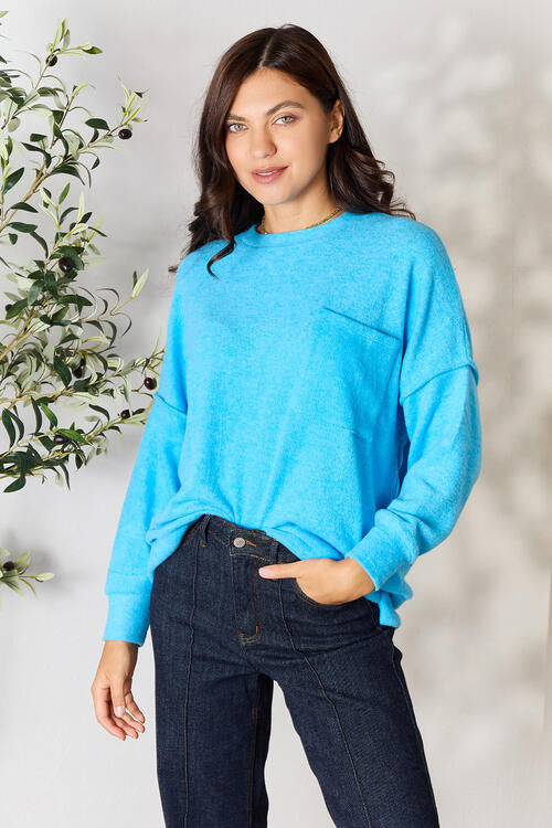 Zenana Round Neck Long Sleeve Sweater with Pocket - Babbazon Jumper