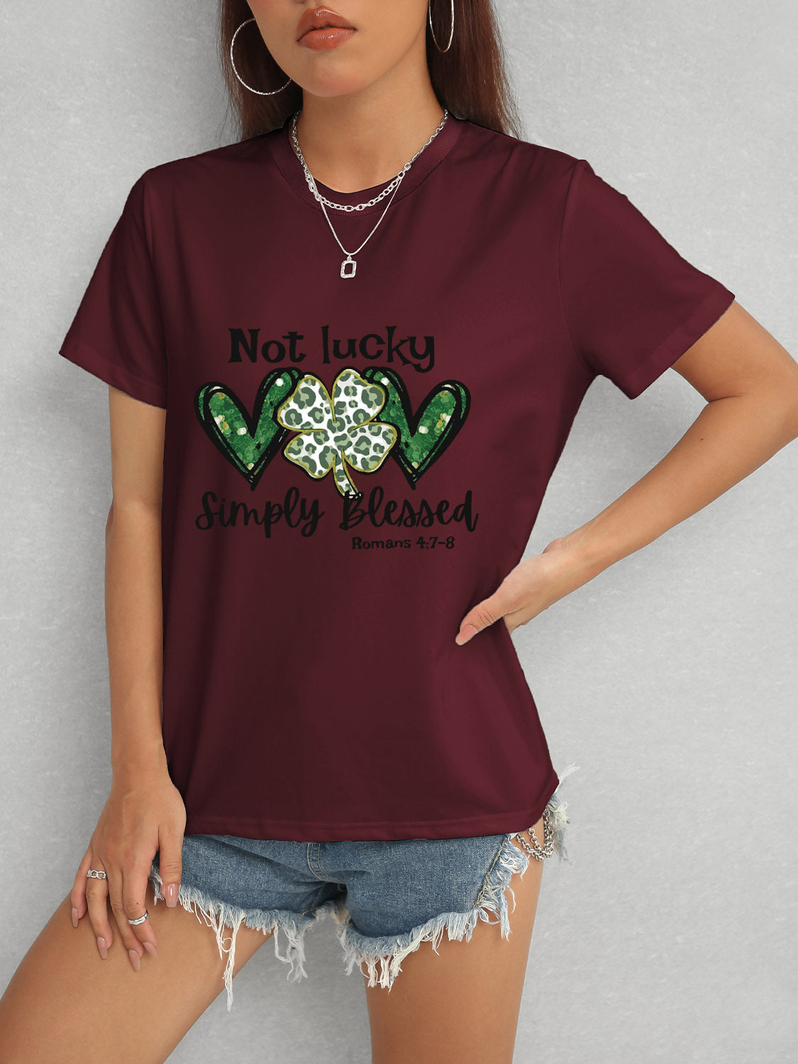 Lucky Clover Round Neck Short Sleeve T-Shirt 