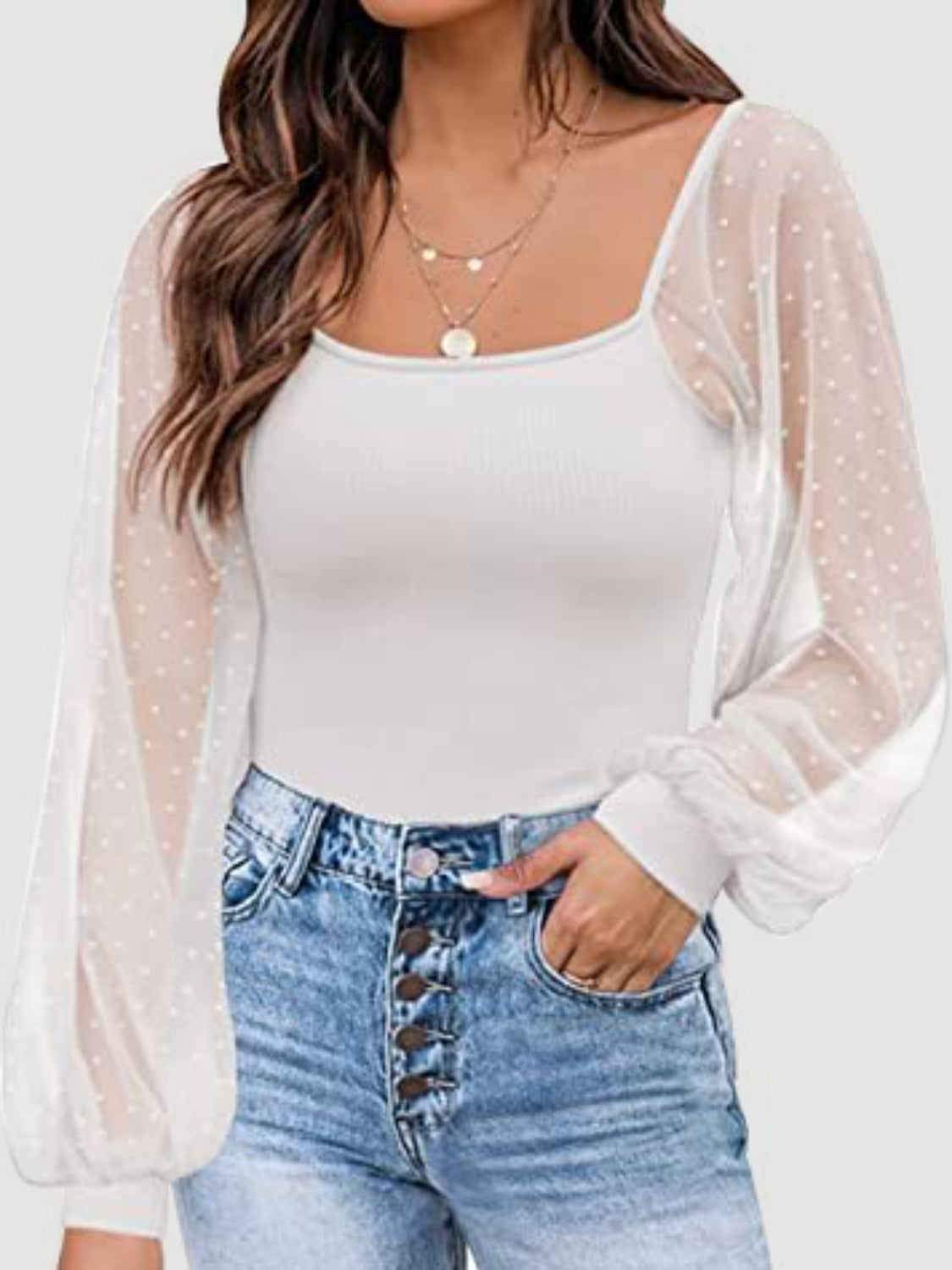 Polka Dot Square Neck Lantern Sleeve Blouse - Babbazon Camisole