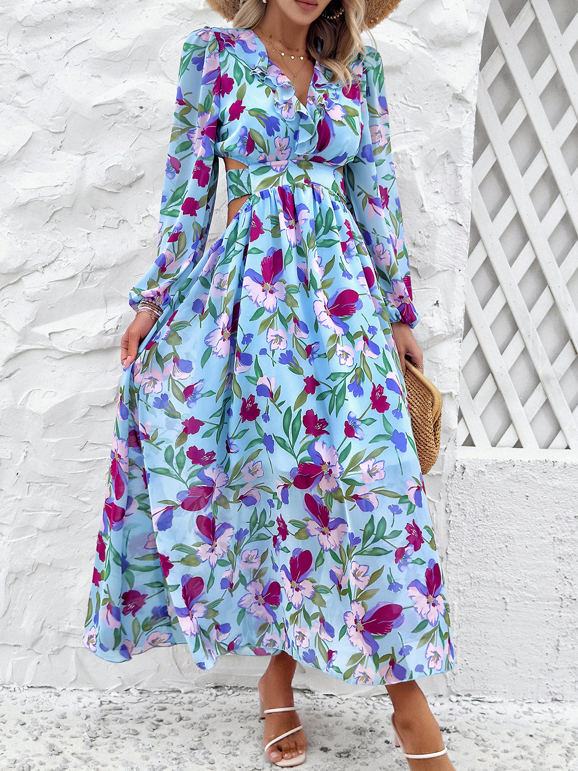 Cutout Printed V-Neck Balloon Sleeve Dress 