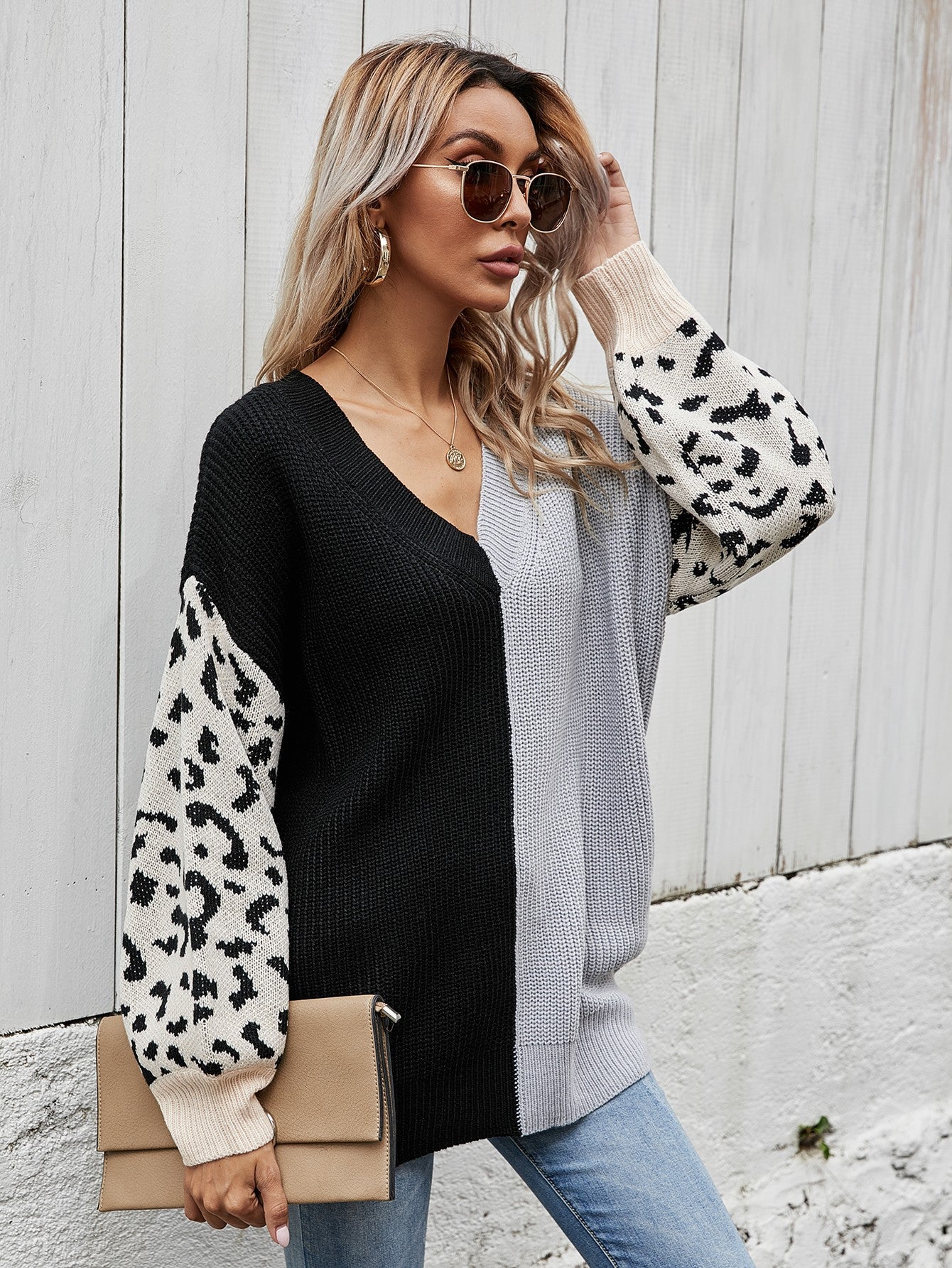 Woven Right Leopard Color Block V-Neck Tunic Pullover Sweater