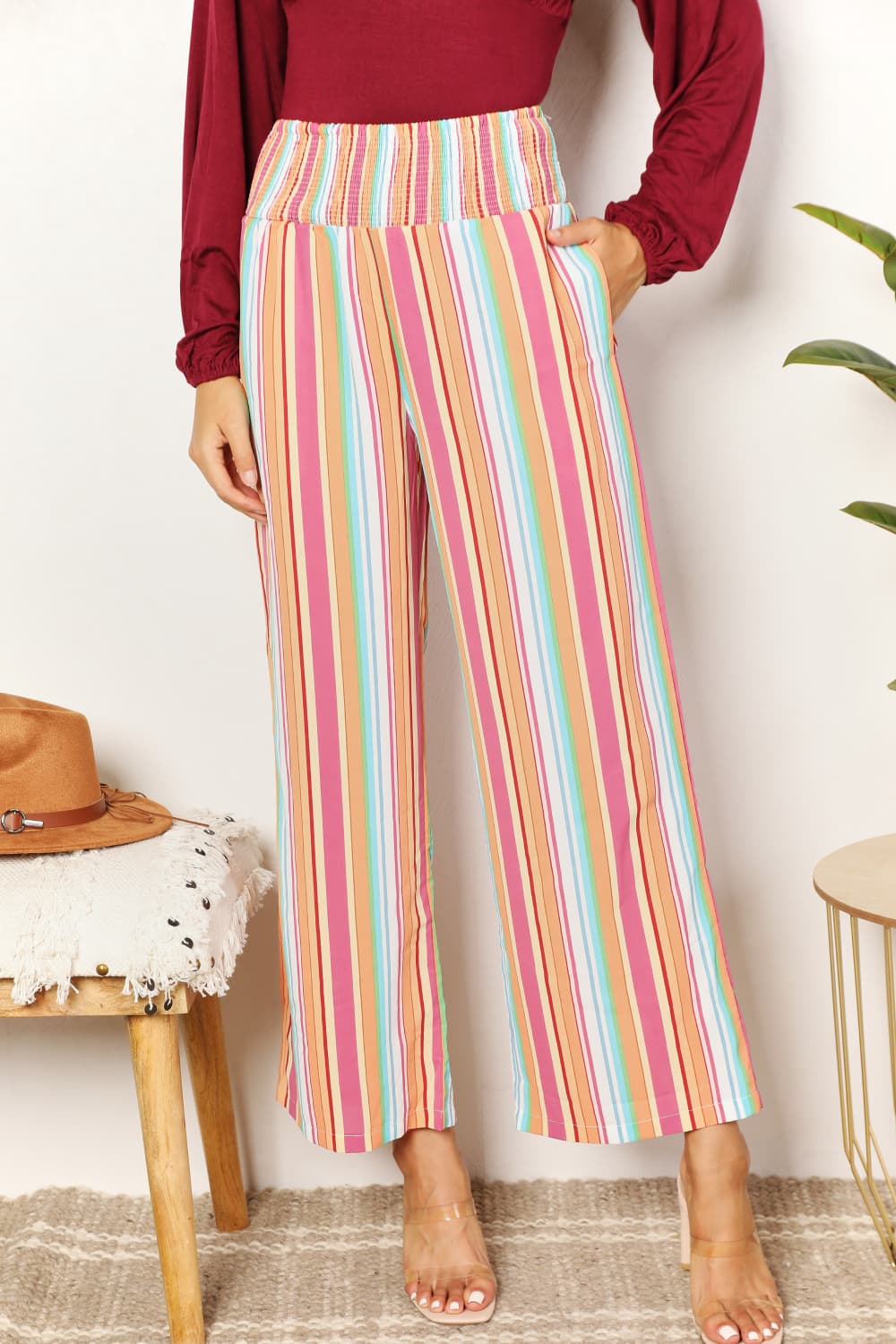 Double Take Striped Smocked Waist Pants with Pockets 