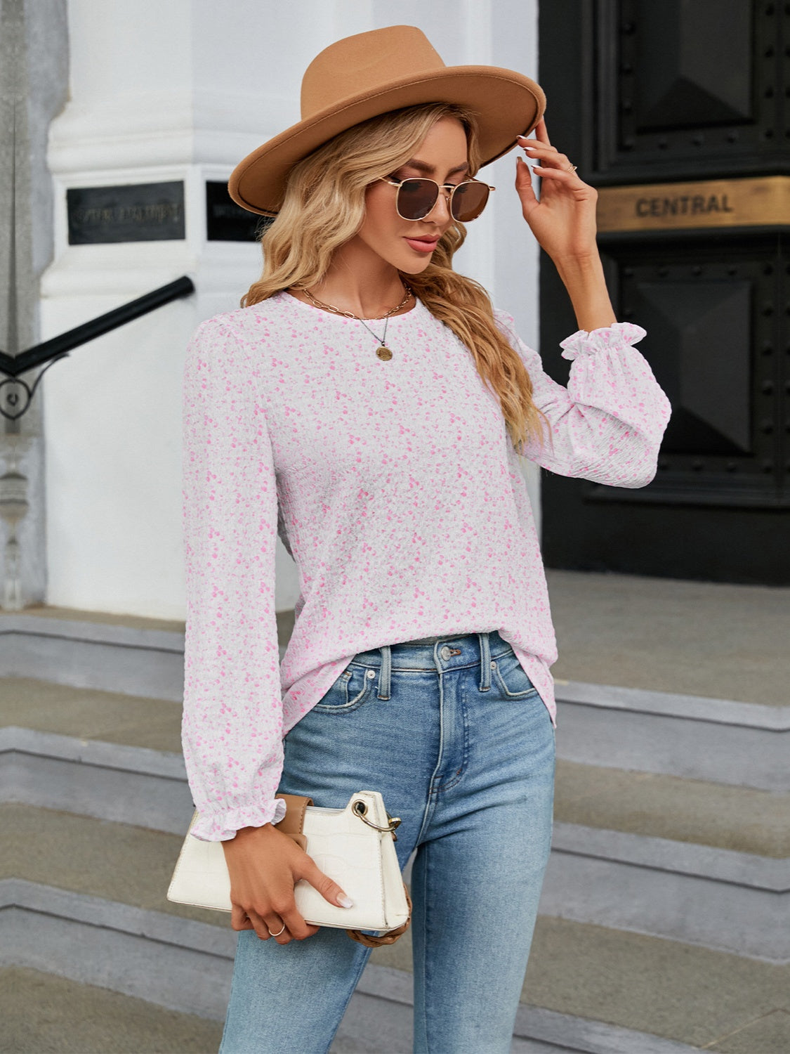 Printed Round Neck Flounce Sleeve Blouse 