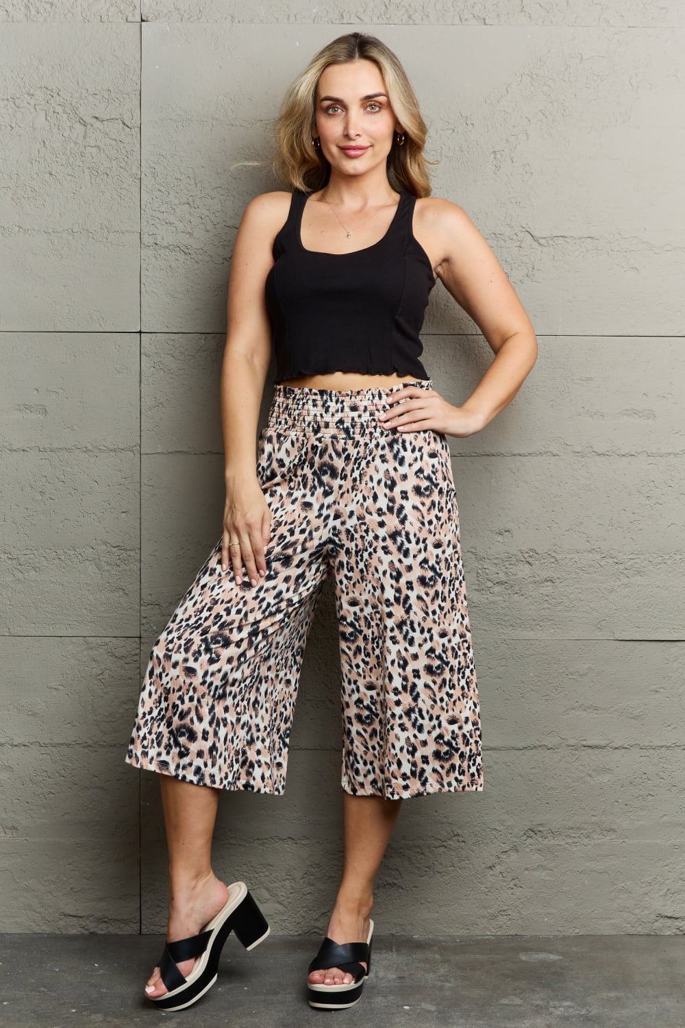 Ninexis Leopard High Waist Flowy Wide Leg Pants with Pockets 