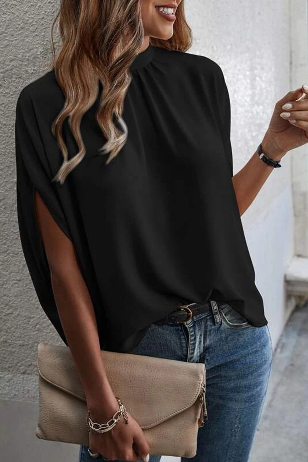 Tie Back Slit Half Sleeve Blouse - Babbazon Tops