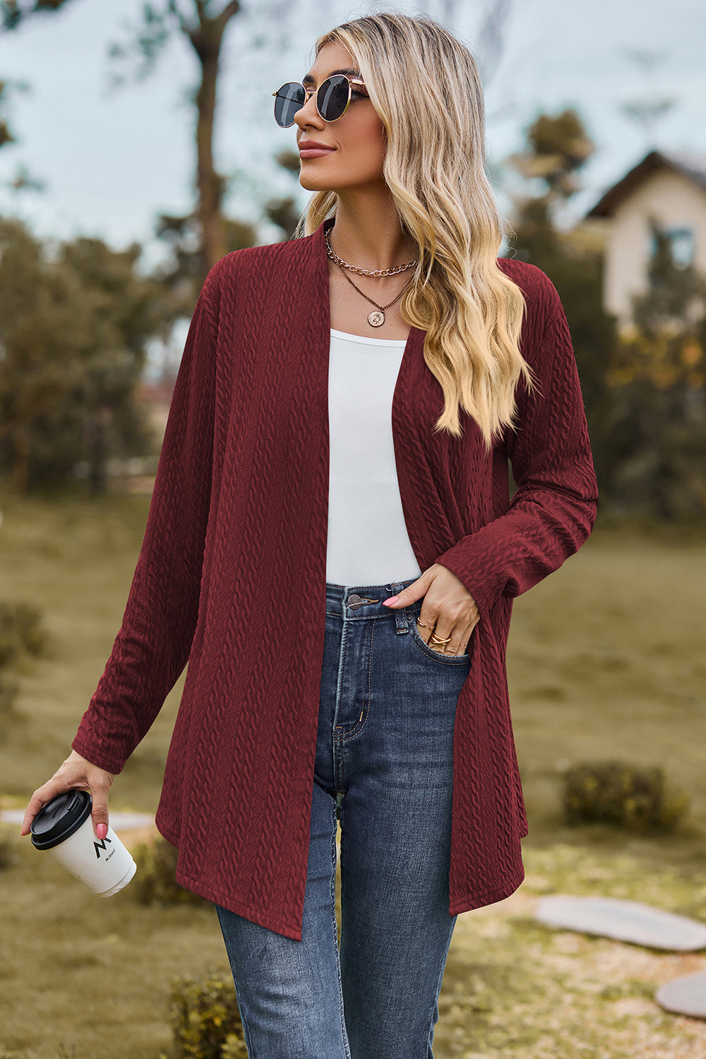 Textured Open Front Long Sleeve Cardigan 