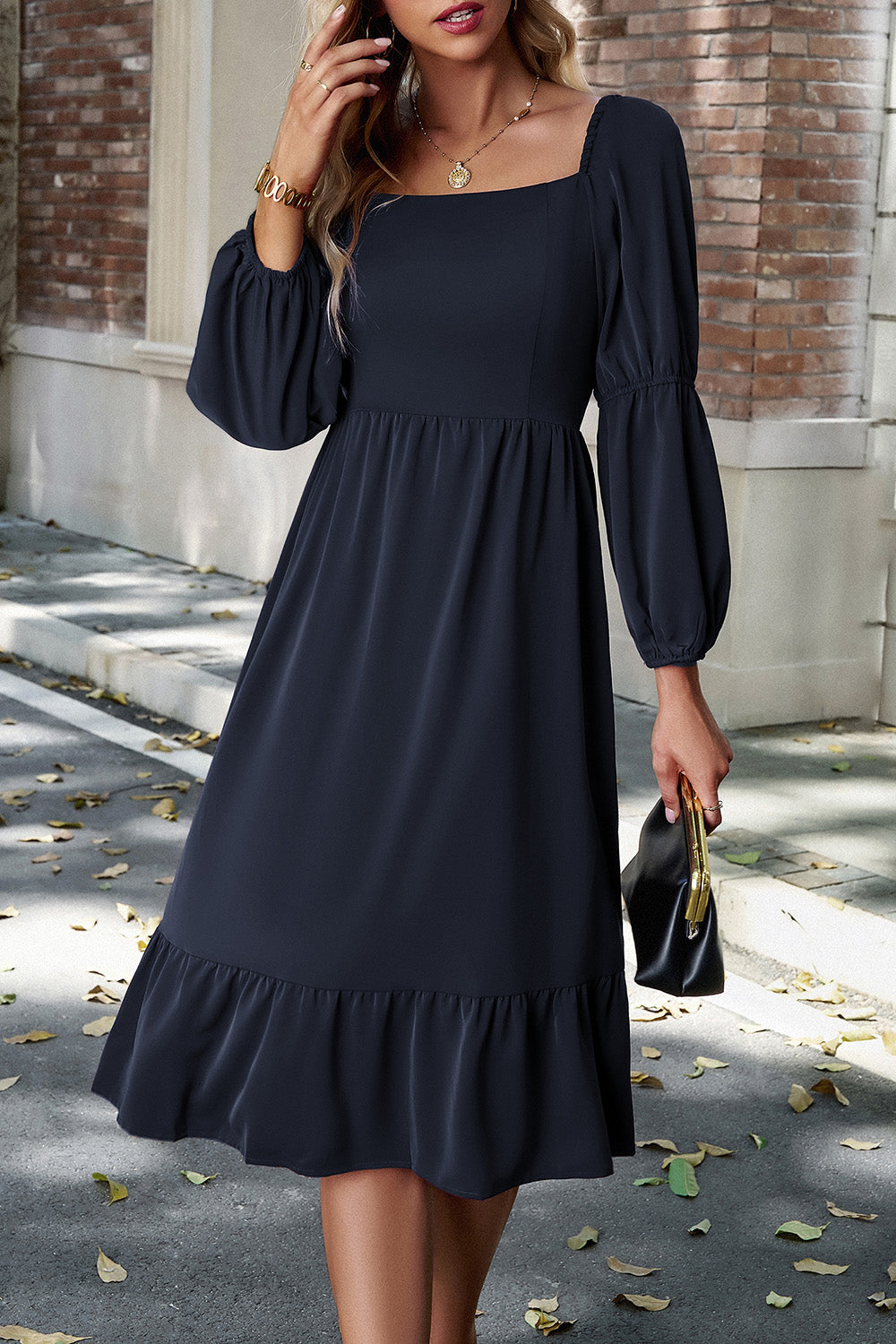 Square Neck Balloon Sleeve Midi Dress 