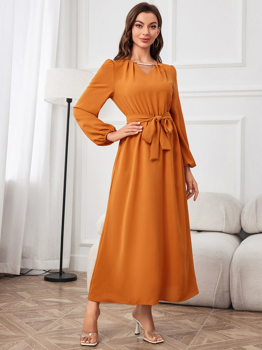 Tie Waist Puff Sleeve Maxi Dress 