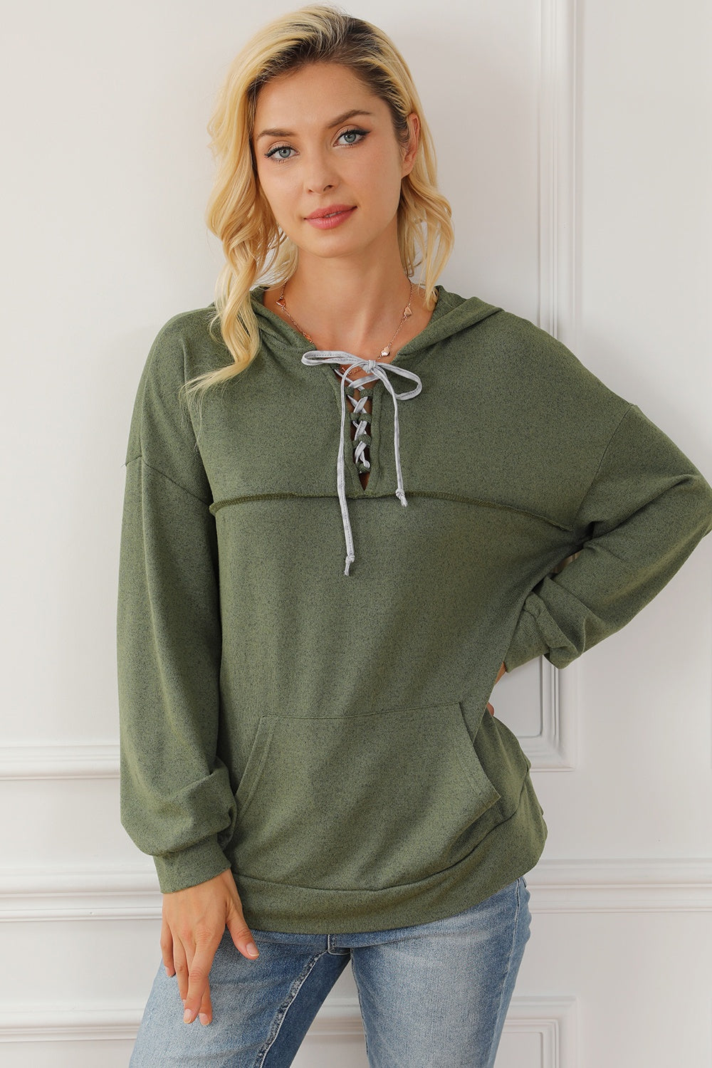 Lace-Up Exposed Seam Hoodie with Pocket 