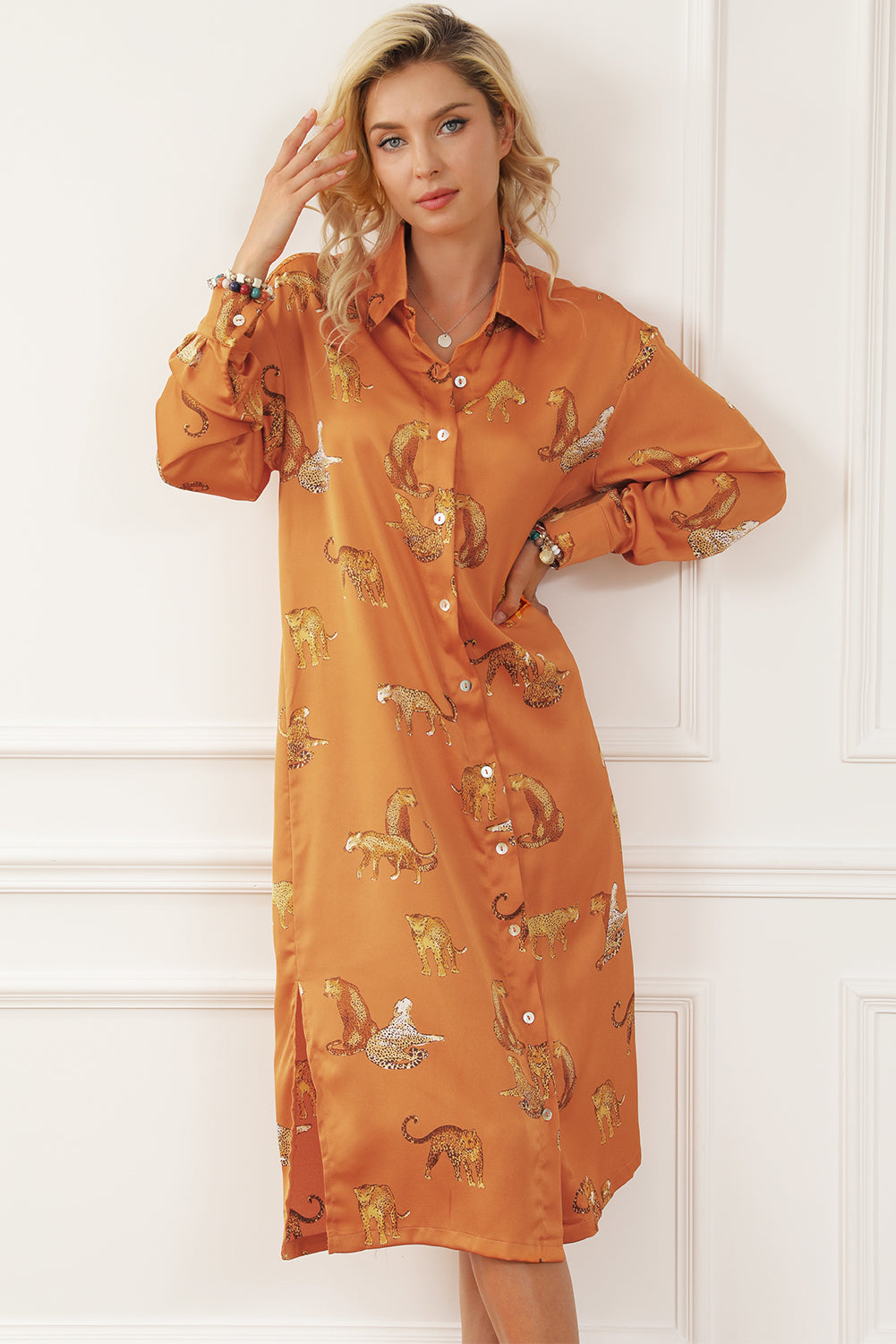 Animal Pattern Long Sleeve Slit Shirt Dress 