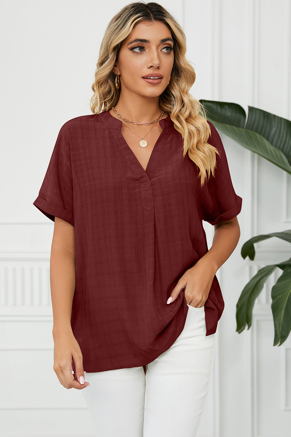 Ruched Notched Short Sleeve Blouse - Babbazon Camisole