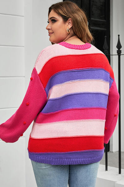 Plus Size Color Block Pom-Pom Trim Sweater 