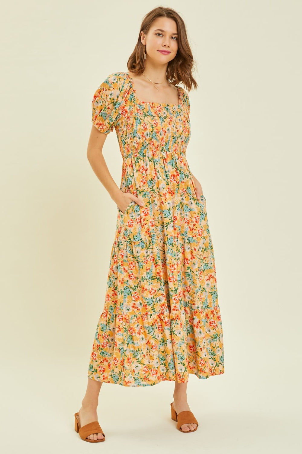 HEYSON Full Size Floral Smocked Tiered Midi Dress - Babbazon Midi Dress