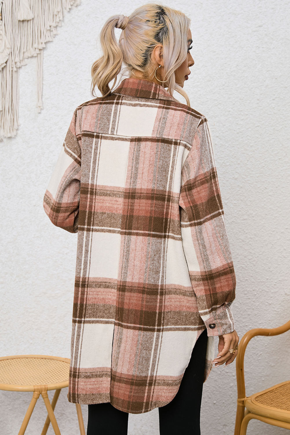 Plaid Collared Neck Longline Jacket 