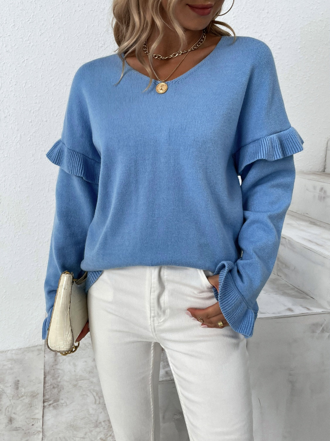 Ruffled V-Neck Dropped Shoulder Sweater 