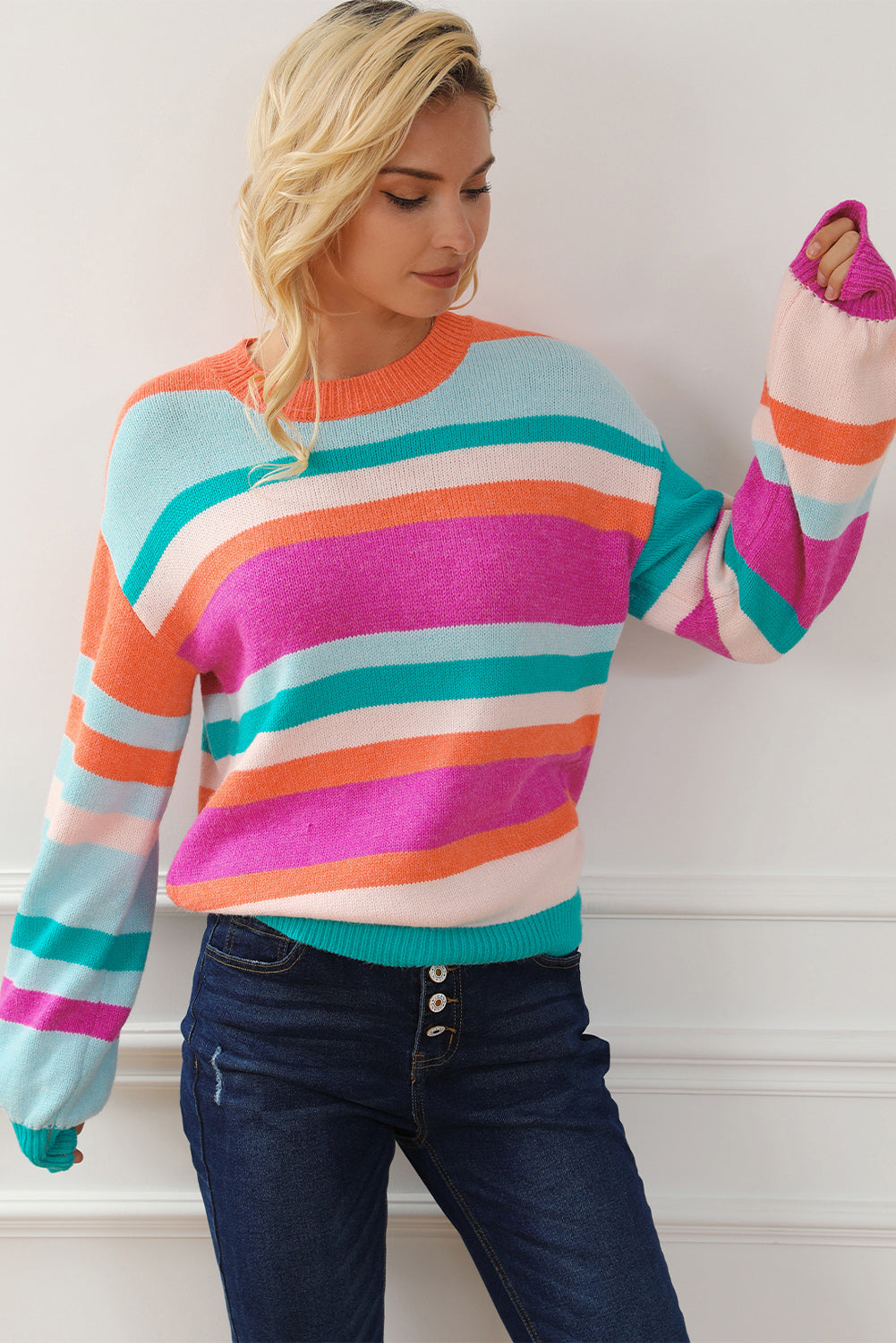 Striped Round Neck Long Sleeve Knit Top 