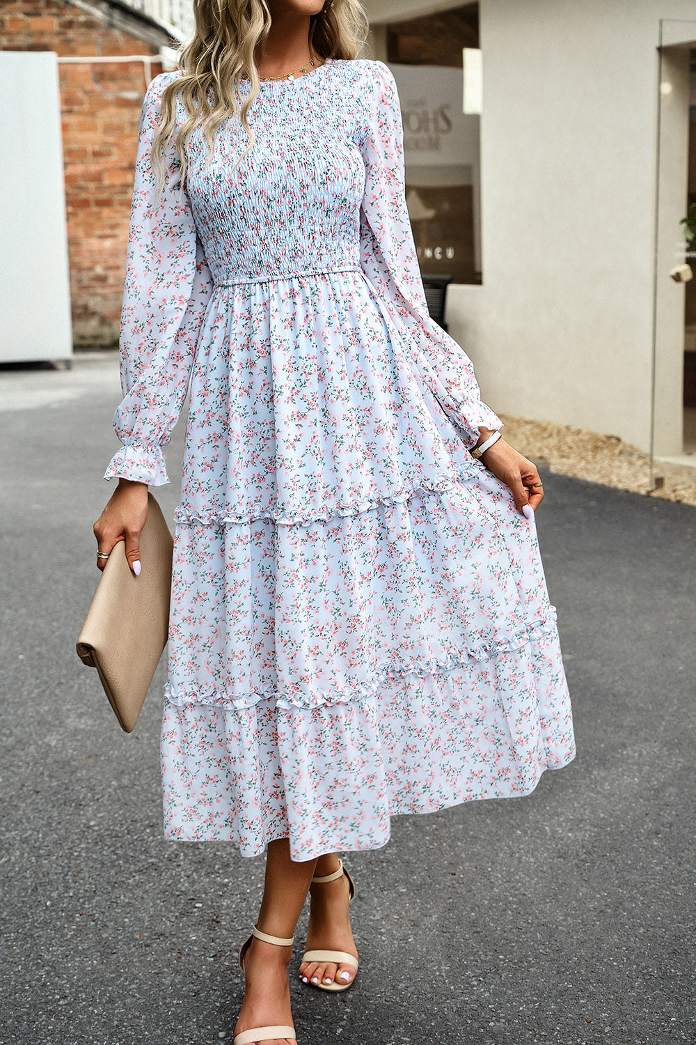 Smocked Flounce Sleeve Midi Dress 