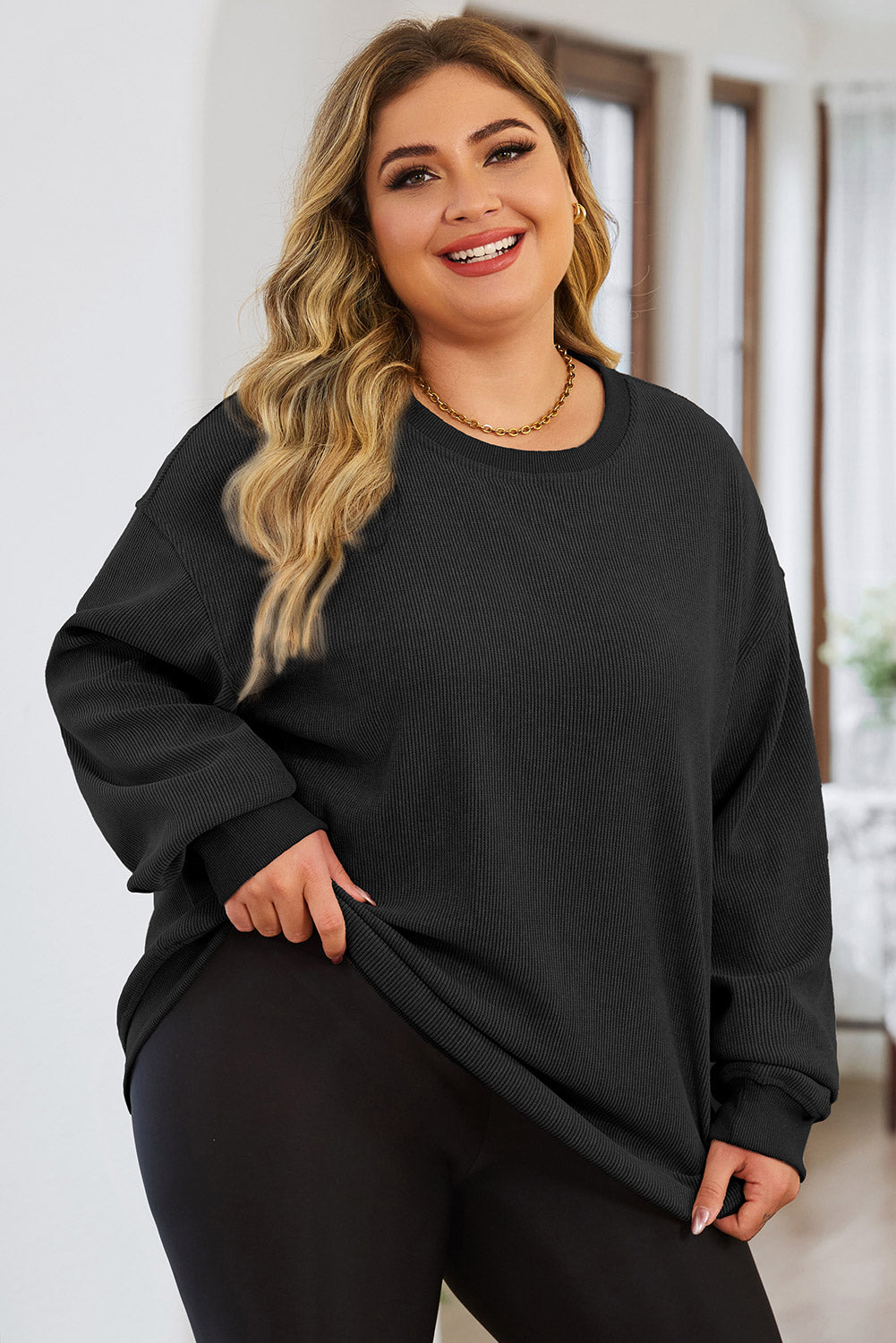 Plus Size Round Neck Dropped Shoulder Sweatshirt - Babbazon sweatshirt