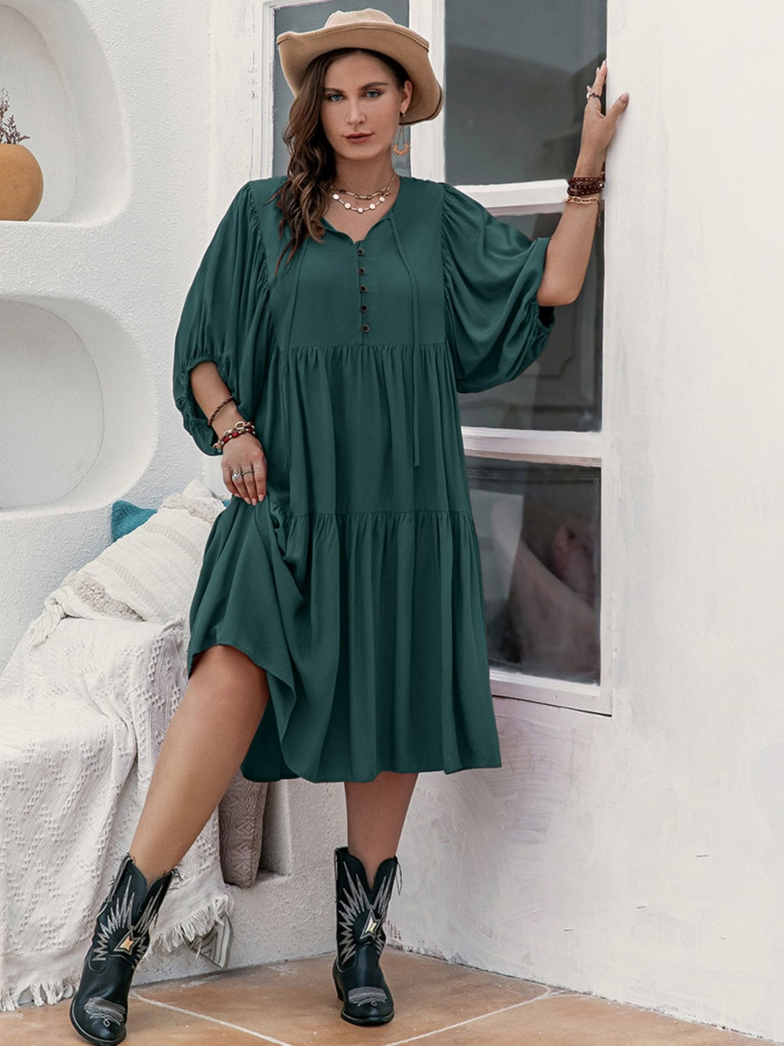 Plus Size Tie Neck Balloon Sleeve Midi Dress 