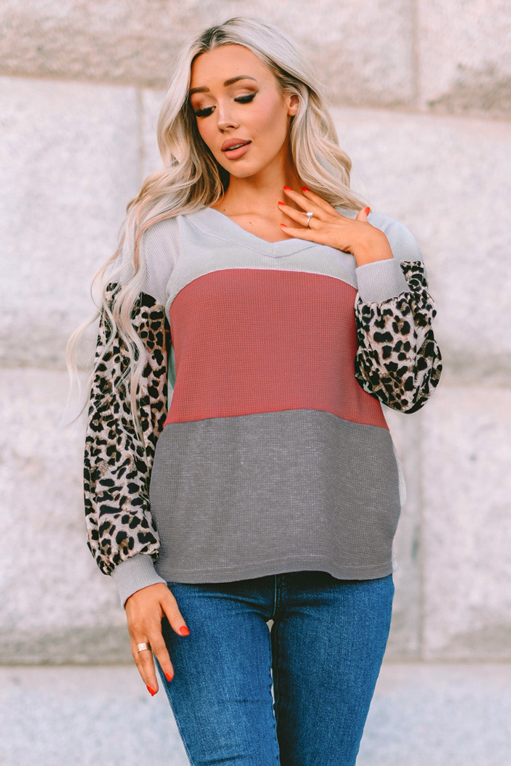 Leopard Color Block V-Neck Top - Babbazon Tops