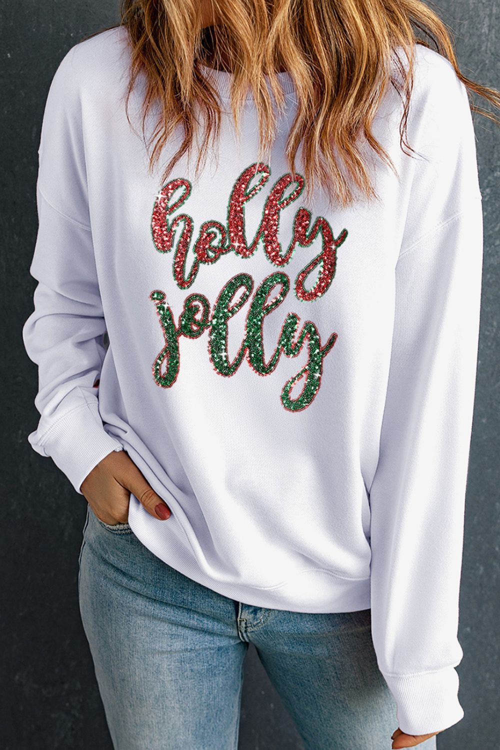 Sequin Round Neck Dropped Shoulder Sweatshirt 