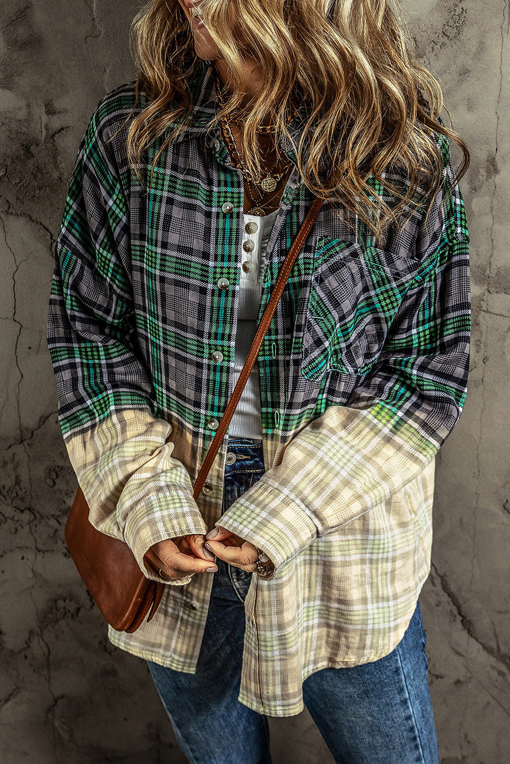 Contrast Plaid Button Up Long Sleeve Shacket 