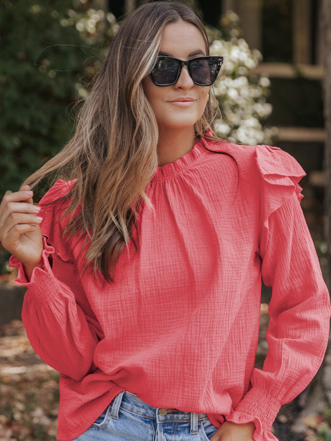 Frill Mock Neck Long Sleeve Blouse 