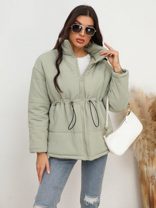 Drawstring Waist Zip-Up Puffer Jacket 