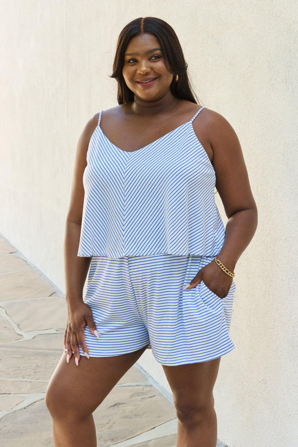 Culture Code Let It Happen Full Size Double Flare Striped Romper in Cobalt Blue 