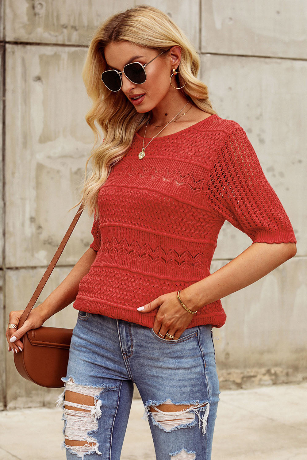 Openwork Round Neck Half Sleeve Knit Top 