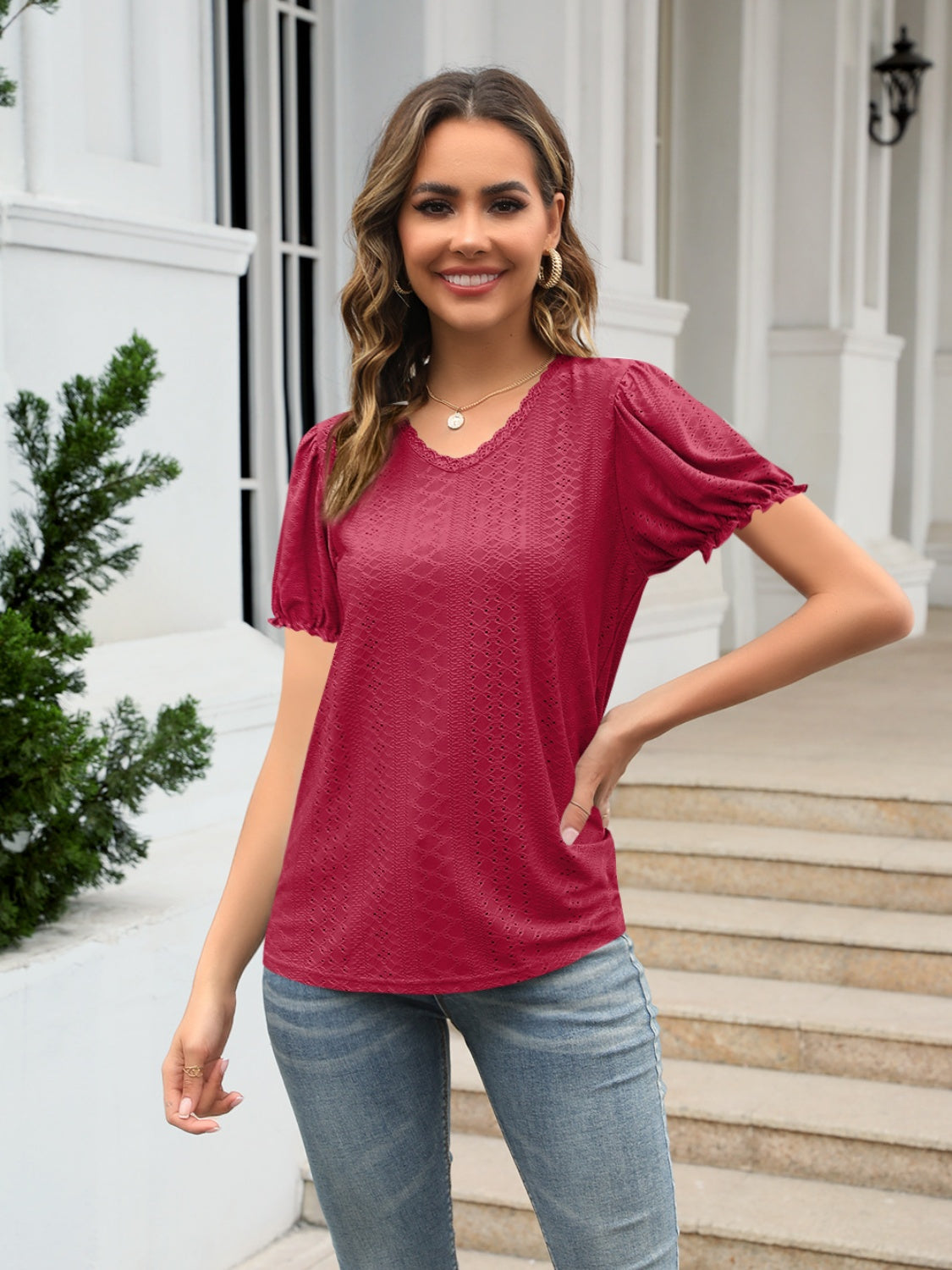 Eyelet Round Neck Short Sleeve Blouse 