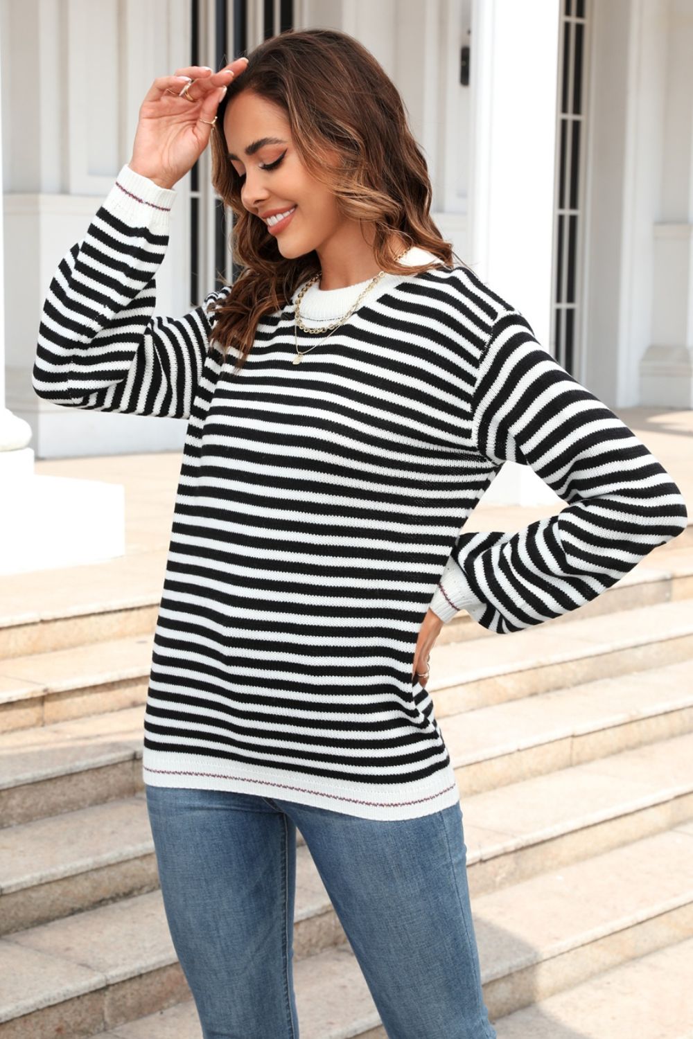 Striped Round Neck Dropped Shoulder Sweater 