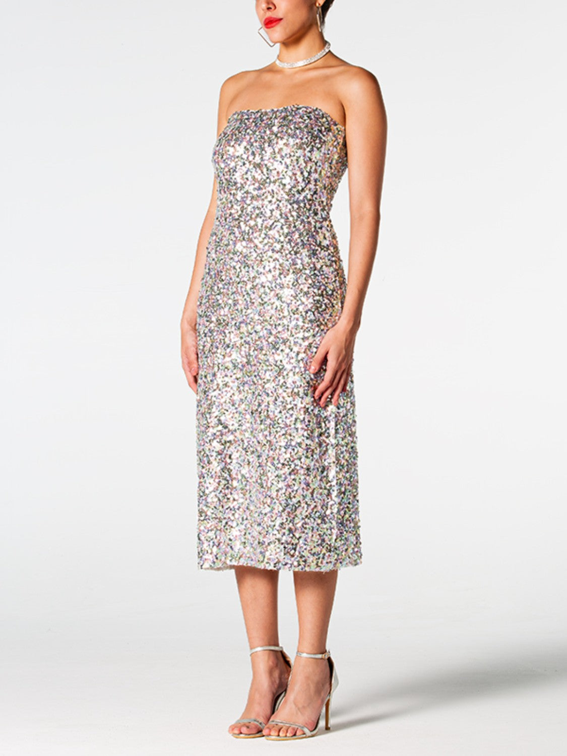 Sequin Straight Neck Midi Wrap Dress 