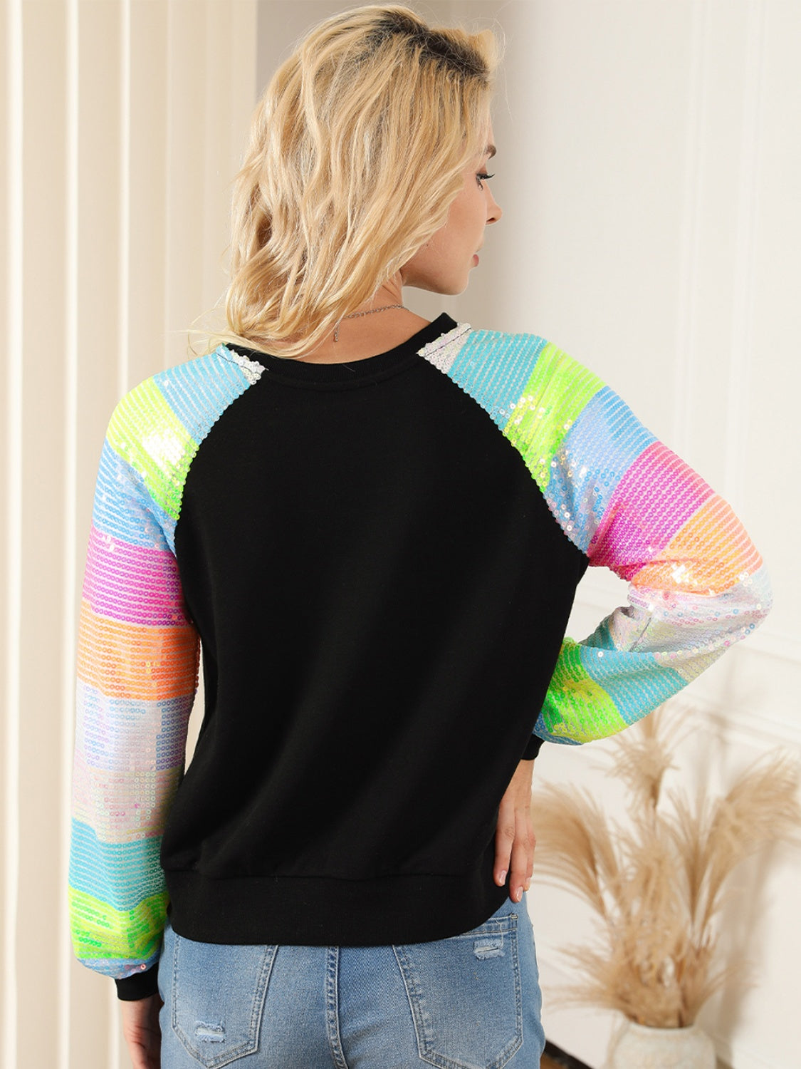 Sequin Round Neck Color Block  Sleeve Sweatshirt