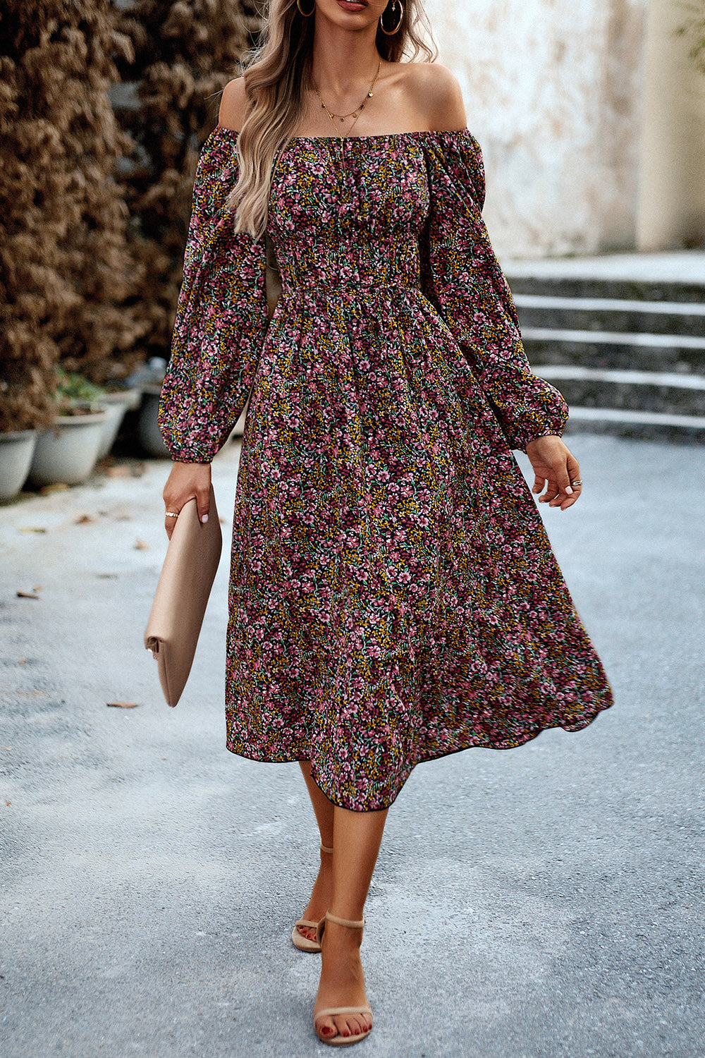 Printed Balloon Sleeve Midi Dress 