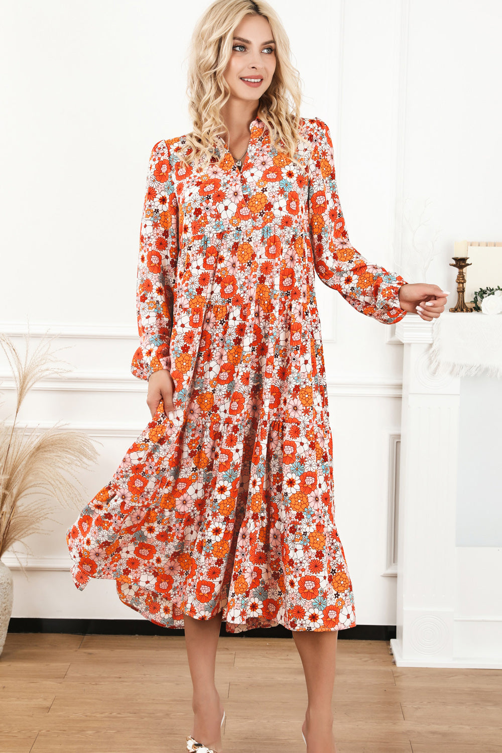 Floral Notched Neck Long Sleeve Dress - Babbazon Midi Dress