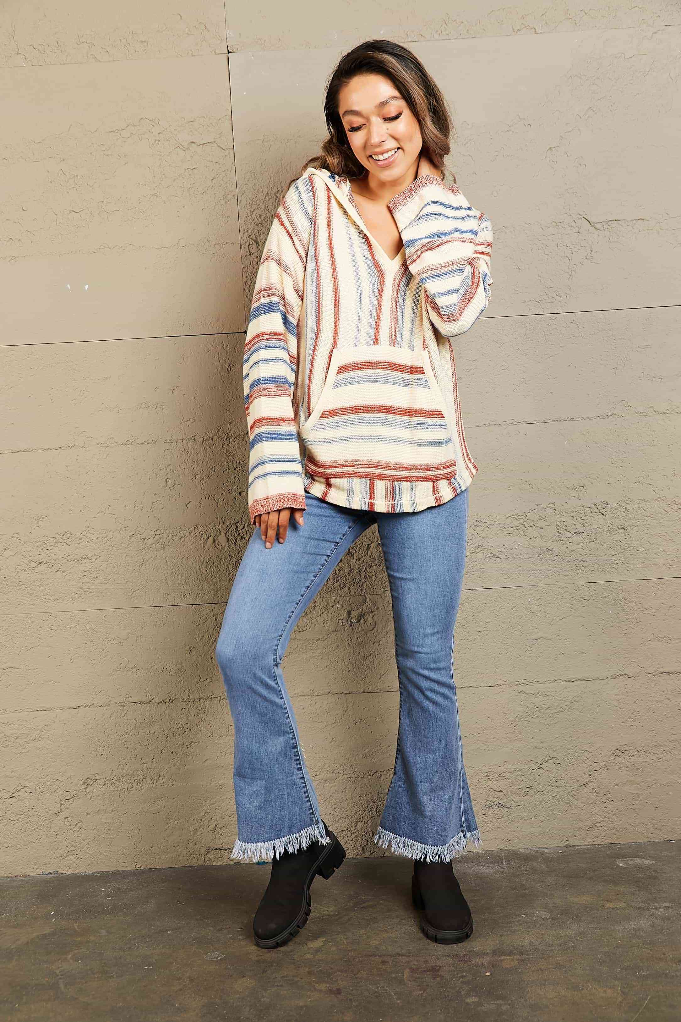 Striped Hooded Sweater with Kangaroo Pocket 