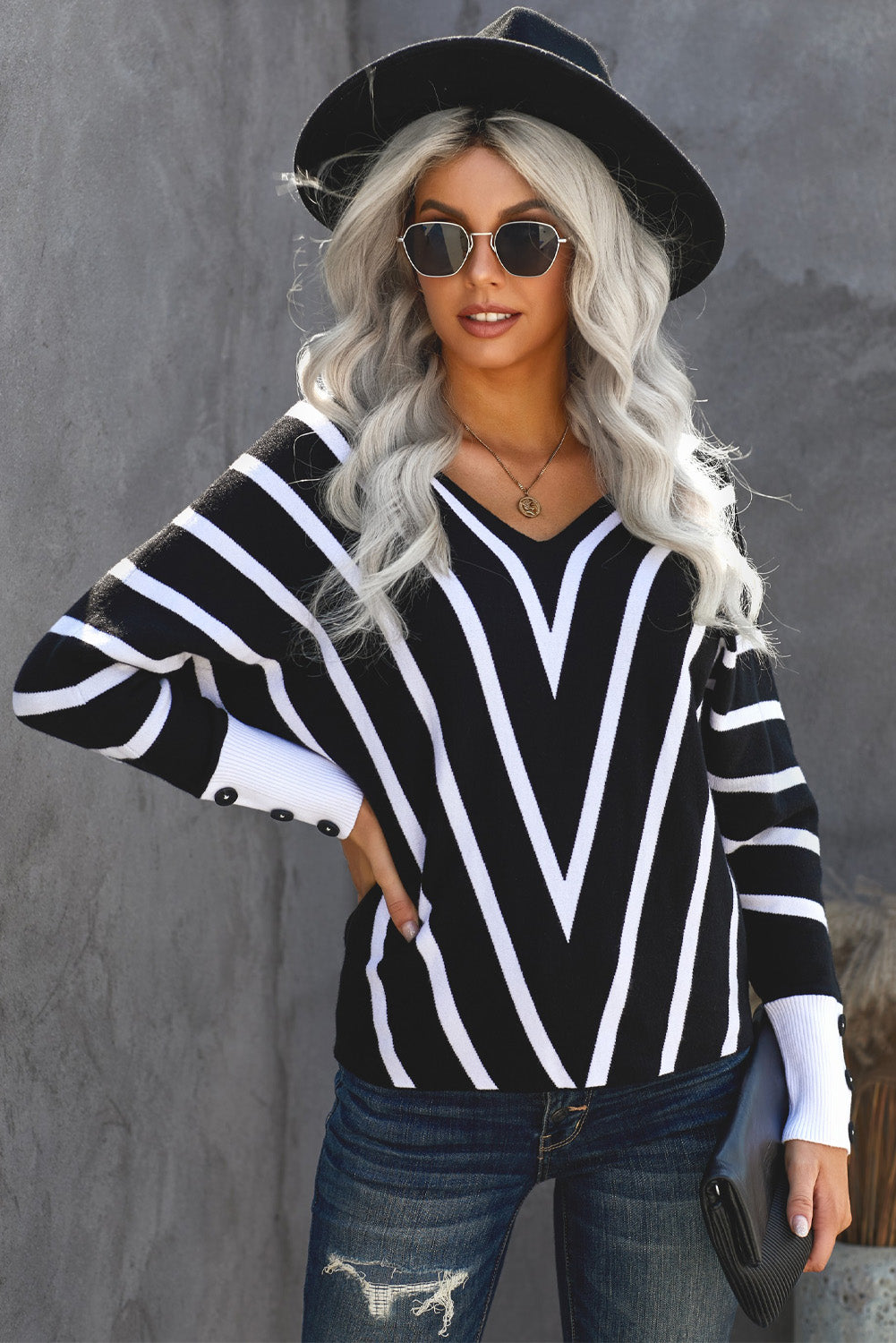 Chevron V-Neck Button Cuff Sweater 