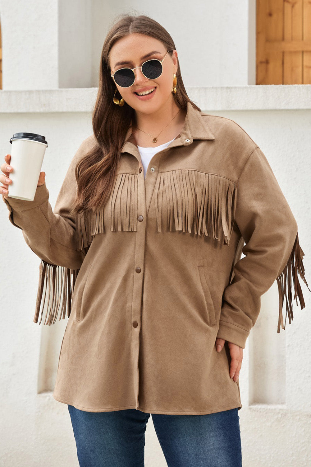 Plus Size Fringe Trim Snap Down Long Sleeve Shacket 