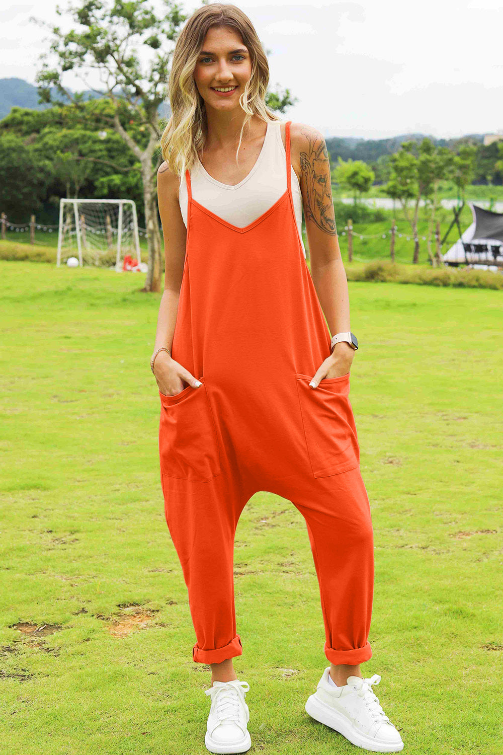 Double Take Full Size Sleeveless V-Neck Pocketed Jumpsuit - Babbazon jumpsuit