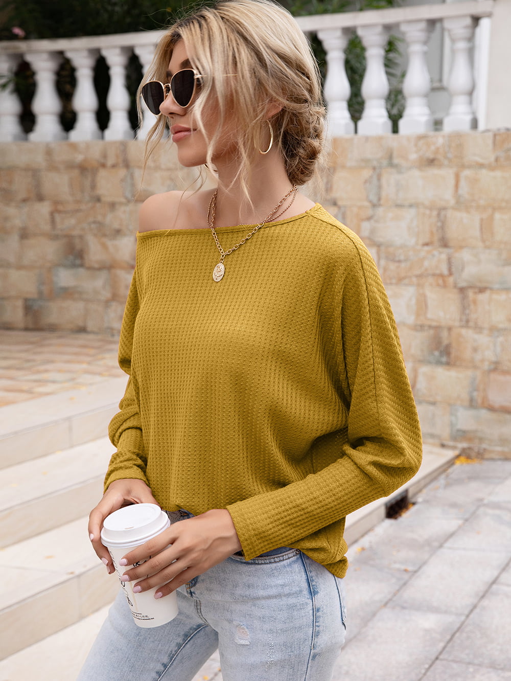 Waffle-Knit Boat Neck Long Sleeve Top 