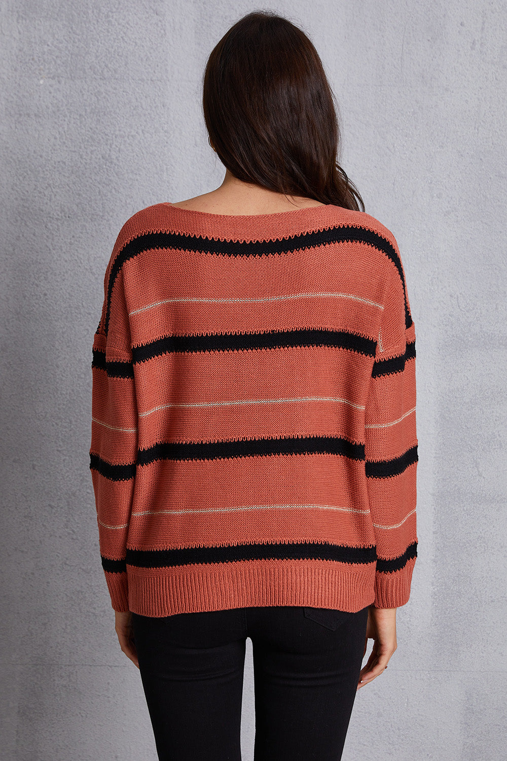 Striped Round Neck Dropped Shoulder Sweater 