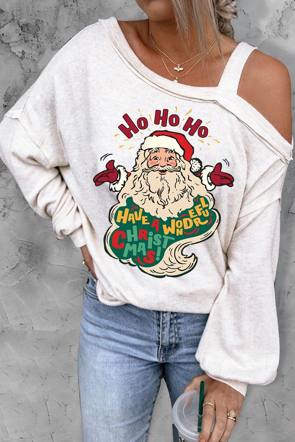 Santa Claus Graphic Asymmetrical Neck Long Sleeve Top 