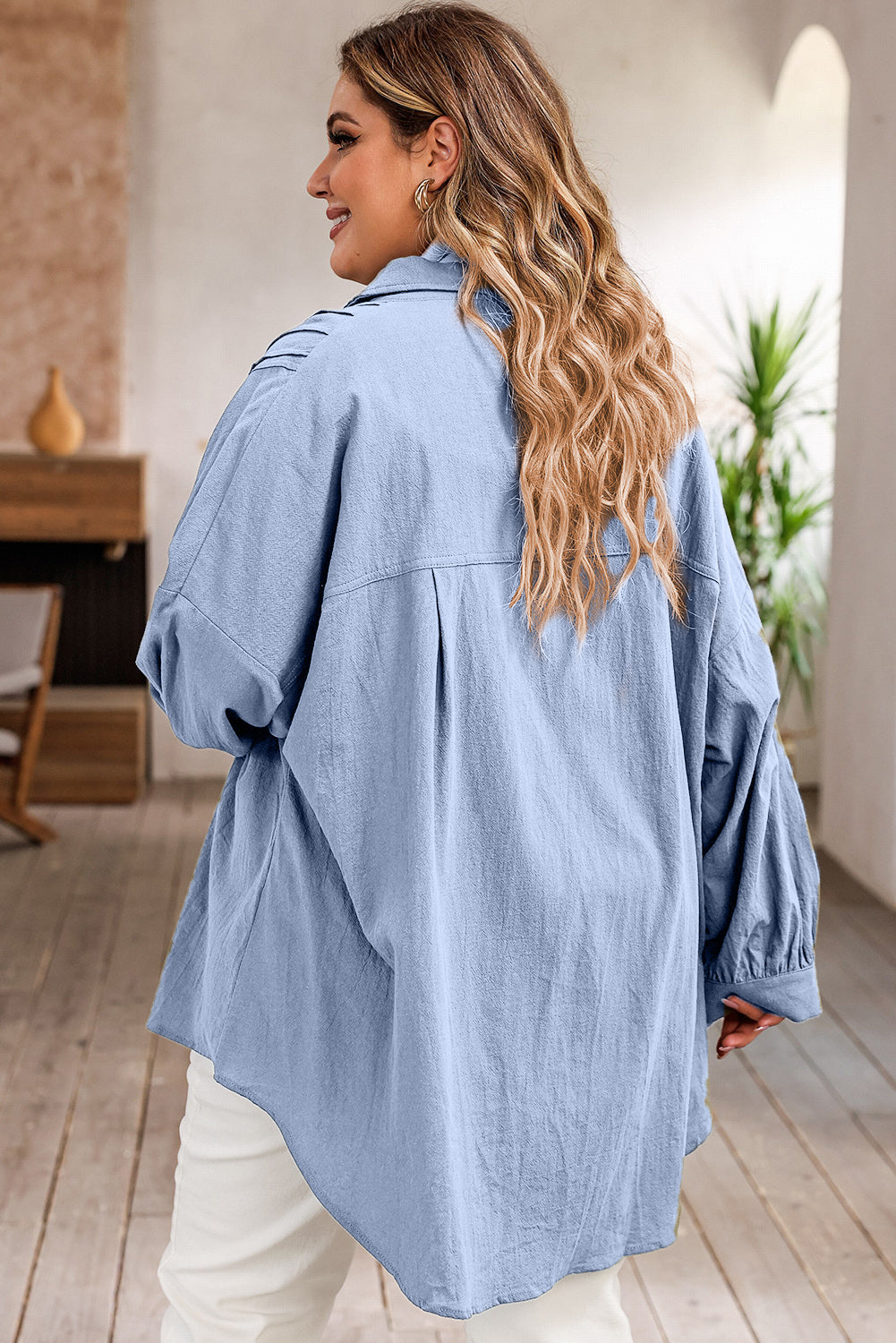 Plus Size High-Low Button Up Dropped Shoulder Shirt 