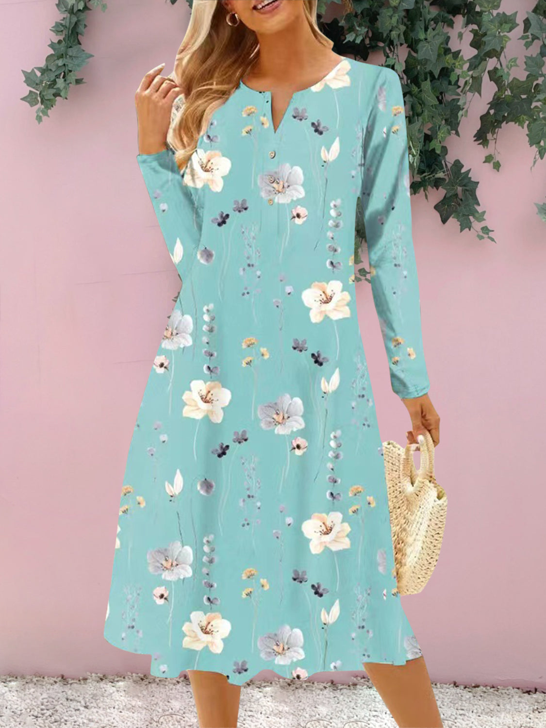 Floral Notched Long Sleeve Midi Dress 