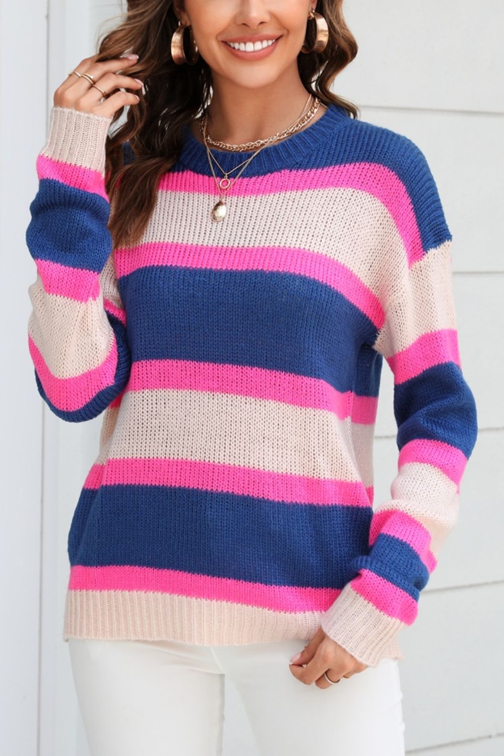 Color Block Round Neck Dropped Shoulder Sweater 