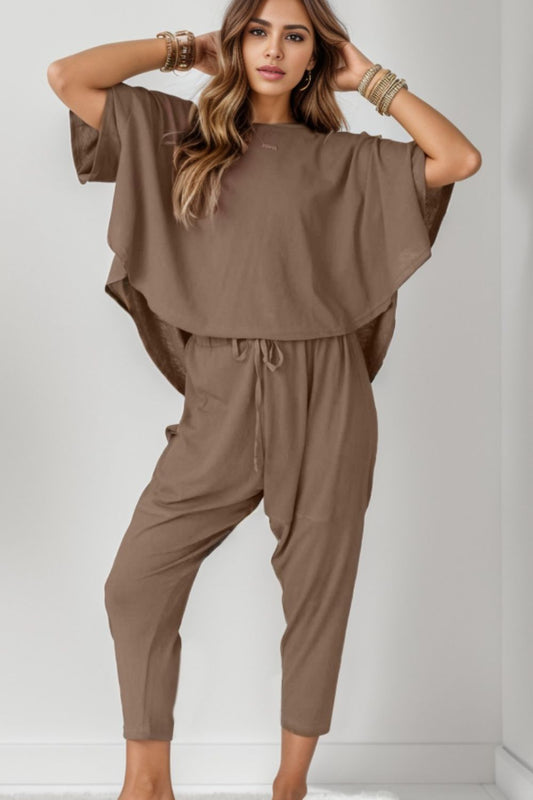 Round Neck Dropped Shoulder Top and Pants Set - Babbazon Camisole