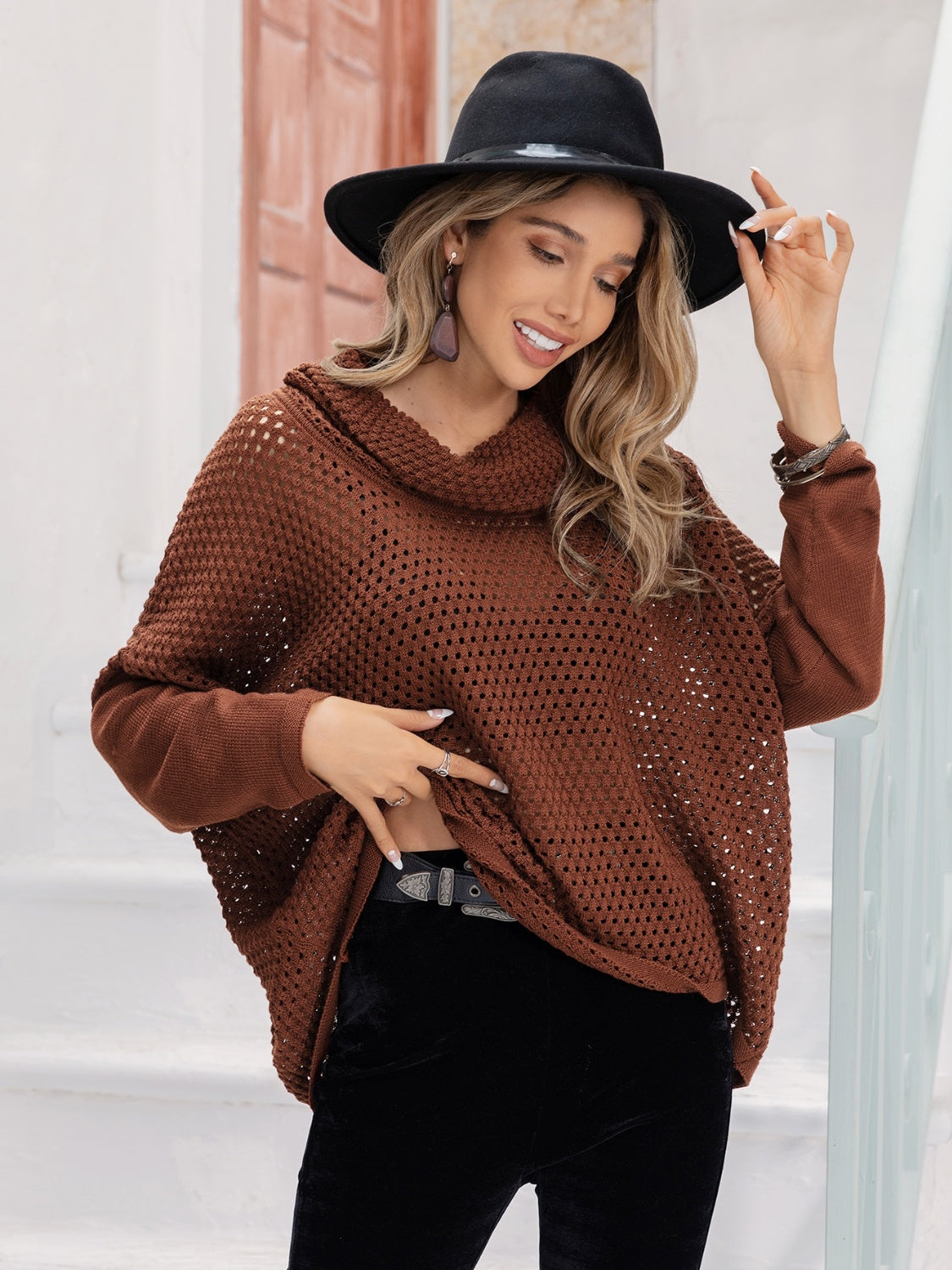 Openwork Mock Neck Dropped Shoulder Sweater 